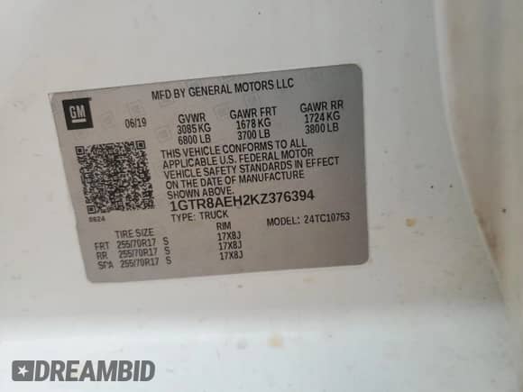 2019 GMC Sierra 1500 with VIN 1GTR8AEH2KZ376394, listed as a Copart auction lot 70909755 with 139,019 mi miles and Salvage title. Bid and sale history available at DreamBid. Image 12.