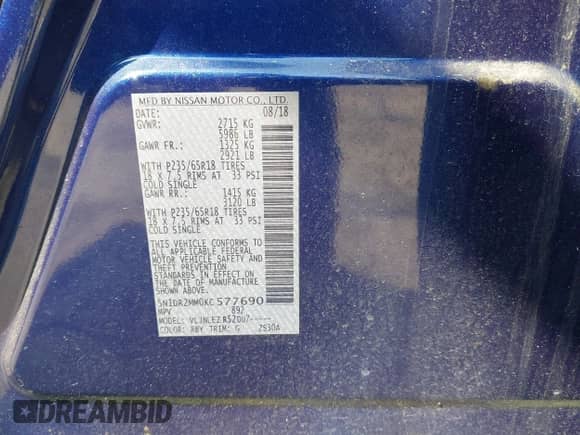 2019 Nissan Pathfinder SL with VIN 5N1DR2MM0KC577690, listed as a IAAI auction lot 42041700 with 133,392 mi miles and . Bid and sale history available at DreamBid. Image 9.