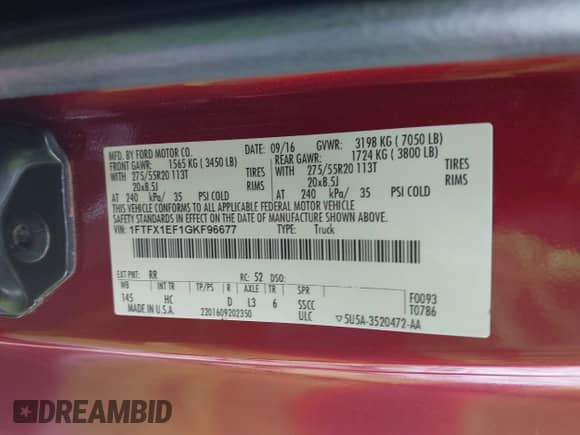 2016 Ford F-150 XL z VIN 1FTFX1EF1GKF96677, wystawiony jako IAAI lot #43103489 z przebiegiem 145 122 mil mil oraz . Historia ofert i sprzedaży dostępna na DreamBid. Obrazek 9.