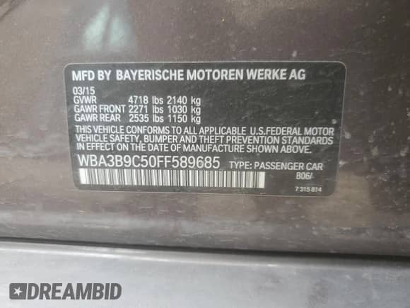 2015 BMW 3 Series 335i xDrive with VIN WBA3B9C50FF589685, listed as a Copart auction lot 59050535 with 86,006 mi miles and Salvage title. Bid and sale history available at DreamBid. Image 12.