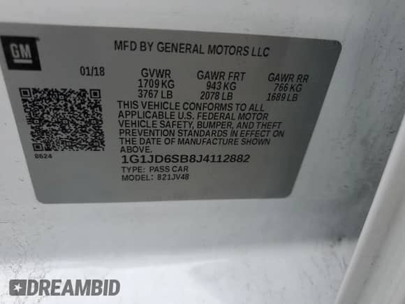 2018 Chevrolet Sonic LT with VIN 1G1JD6SB8J4112882, listed as a Copart auction lot 50329714 with 92,192 mi miles and Salvage title. Bid and sale history available at DreamBid. Image 14.