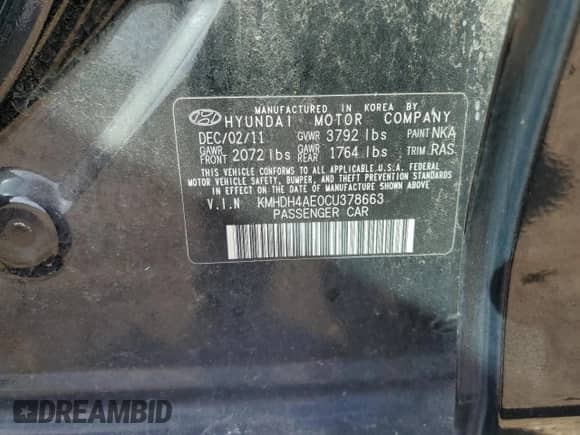 2012 Hyundai Elantra GLS with VIN KMHDH4AE0CU378663, listed as a Copart auction lot 84877995 with 93,947 mi miles and Clean title. Bid and sale history available at DreamBid. Image 12.