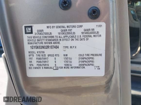 2002 Cadillac Escalade with VIN 1GYEK63N02R187484, listed as a IAAI auction lot 42609434 with 245,440 mi miles and . Bid and sale history available at DreamBid. Image 9.