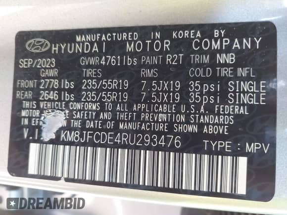 2024 Hyundai Tucson XRT with VIN KM8JFCDE4RU293476, listed as a IAAI auction lot 43197078 with 3,840 mi miles and . Bid and sale history available at DreamBid. Image 9.