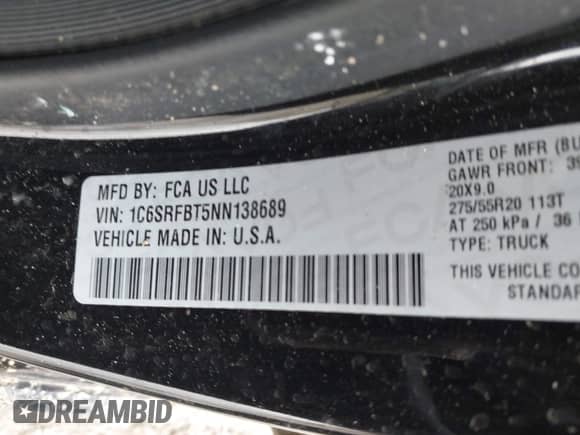 2022 Ram 1500 Big Horn with VIN 1C6SRFBT5NN138689, listed as a IAAI auction lot 42007451 with 55,504 mi miles and . Bid and sale history available at DreamBid. Image 9.