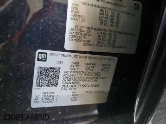 2024 Chevrolet Silverado 1500 LTZ with VIN 3GCUDGEL5RG152009, listed as a Copart auction lot 56247105 with Not provided miles and Salvage title. Bid and sale history available at DreamBid. Image 13.