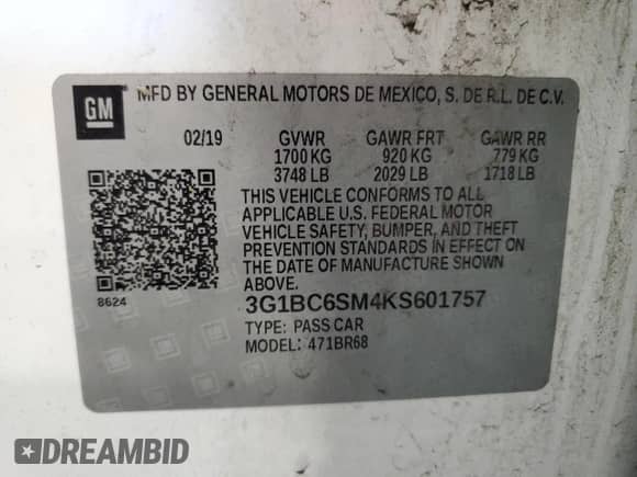 2019 Chevrolet Cruze LS with VIN 3G1BC6SM4KS601757, listed as a Copart auction lot 82205465 with 101,687 mi miles and Salvage title. Bid and sale history available at DreamBid. Image 12.