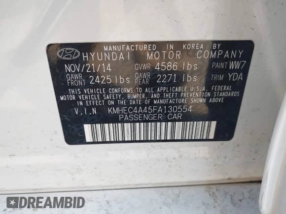 2015 Hyundai Sonata with VIN KMHEC4A45FA130554, listed as a IAAI auction lot 43214594 with 145,856 mi miles and . Bid and sale history available at DreamBid. Image 9.