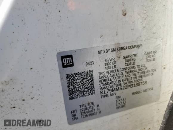 2023 Chevrolet TrailBlazer LS with VIN KL79MMS22PB188758, listed as a Copart auction lot 62185565 with 32,290 mi miles and Salvage title. Bid and sale history available at DreamBid. Image 13.