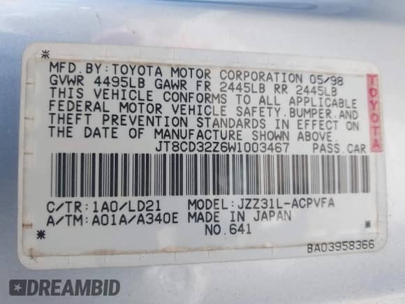 1998 Lexus SC 300 с VIN JT8CD32Z6W1003467, выставлен на аукционе IAAI как лот 43518180 с пробегом 234 679 миль миль и . История ставок и продаж доступна на DreamBid. Изображение 9.