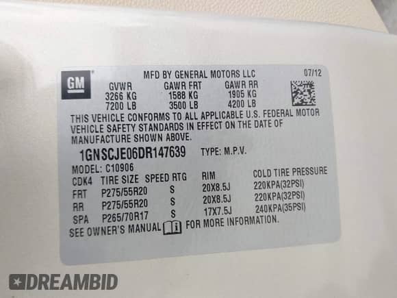 2013 Chevrolet Suburban LT with VIN 1GNSCJE06DR147639, listed as a IAAI auction lot 43112062 with 194,206 mi miles and . Bid and sale history available at DreamBid. Image 9.