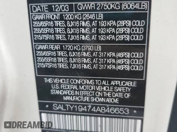 2004 Land Rover Discovery SE with VIN SALTY19474A846653, listed as a Copart auction lot 59087945 with 93,774 mi miles and Salvage title. Bid and sale history available at DreamBid. Image 13.