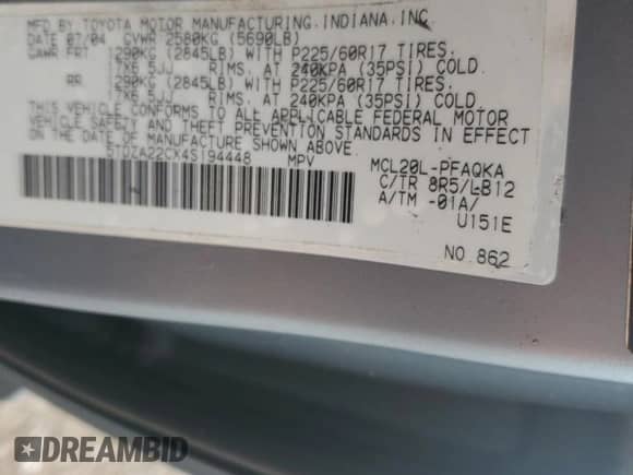 2004 Toyota Sienna XLE z VIN 5TDZA22CX4S194448, wystawiony jako Copart lot #86598465 z przebiegiem 102 643 mil mil oraz Czysty tytuł • Clean title. Historia ofert i sprzedaży dostępna na DreamBid. Obrazek 13.