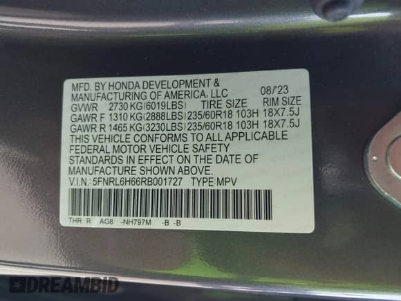 2024 Honda Odyssey EX-L with VIN 5FNRL6H66RB001727, listed as a IAAI auction lot 42725197 with 11,633 mi miles and . Bid and sale history available at DreamBid. Image 9.