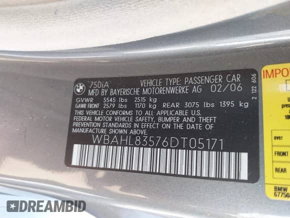 2006 BMW 7 Series 750i with VIN WBAHL83576DT05171, listed as a IAAI auction lot 42923233 with 66,131 mi miles and . Bid and sale history available at DreamBid. Image 9.