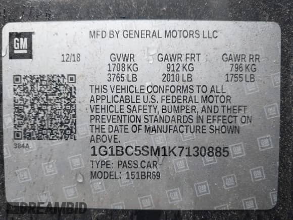2019 Chevrolet Cruze LS with VIN 1G1BC5SM1K7130885, listed as a IAAI auction lot 42442306 with 45,651 mi miles and . Bid and sale history available at DreamBid. Image 9.