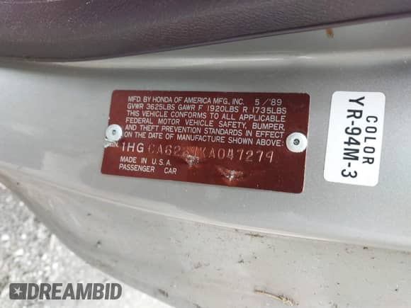 1989 Honda Accord с VIN 1HGCA6287KA047279, выставлен на аукционе IAAI как лот 42555636 с пробегом 138 085 миль миль и . История ставок и продаж доступна на DreamBid. Изображение 9.