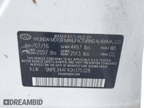 2016 Hyundai Sonata Sport z VIN 5NPE34AF4GH375328, wystawiony jako IAAI lot #43070273 z przebiegiem 83 382 mil mil oraz . Historia ofert i sprzedaży dostępna na DreamBid. Obrazek 9.