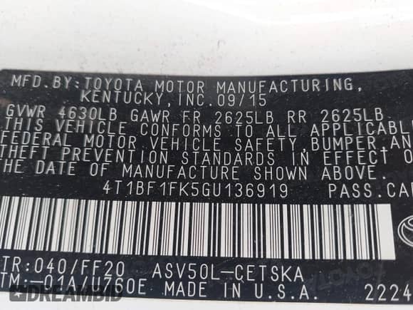 2016 Toyota Camry XLE with VIN 4T1BF1FK5GU136919, listed as a IAAI auction lot 43248056 with 97,053 mi miles and . Bid and sale history available at DreamBid. Image 9.