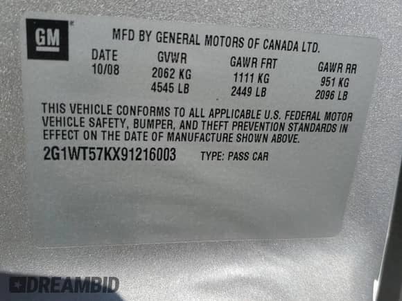 2009 Chevrolet Impala LT с VIN 2G1WT57KX91216003, выставлен на аукционе Copart как лот 87273775 с пробегом 67 584 миль миль и Списание • Salvage title. История ставок и продаж доступна на DreamBid. Изображение 13.