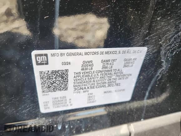 2024 Chevrolet Equinox LS z VIN 3GNAXSEG5RL301761, wystawiony jako Copart lot #68511485 z przebiegiem 9 072 mil mil oraz Szkoda całkowita • Salvage title. Historia ofert i sprzedaży dostępna na DreamBid. Obrazek 12.