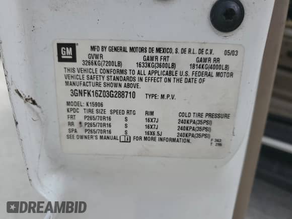 2003 Chevrolet Suburban Z71 with VIN 3GNFK16Z03G288710, listed as a Copart auction lot 63752324 with 277,449 mi miles and Non repairable. Bid and sale history available at DreamBid. Image 13.