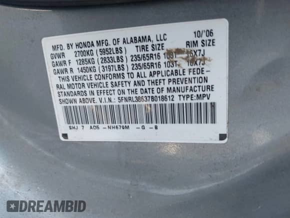 2007 Honda Odyssey EX-L с VIN 5FNRL38637B018612, выставлен на аукционе IAAI как лот 43186305 с пробегом 215 430 миль миль и . История ставок и продаж доступна на DreamBid. Изображение 9.