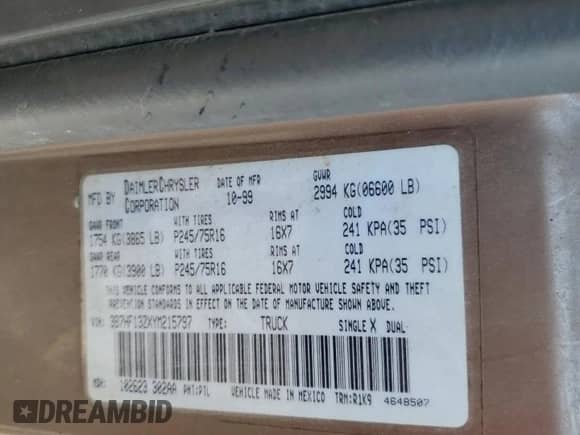 2000 Dodge 1500 с VIN 3B7HF13ZXYM215797, выставлен на аукционе Copart как лот 66374925 с пробегом 66 234 миль миль и На запчасти • Non repairable. История ставок и продаж доступна на DreamBid. Изображение 12.