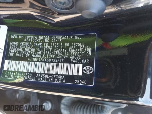 2016 Toyota Camry SE с VIN 4T1BF1FKXGU139766, выставлен на аукционе IAAI как лот 41808695 с пробегом 57 953 миль миль и . История ставок и продаж доступна на DreamBid. Изображение 9.