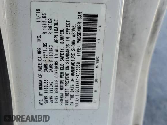 2017 Honda Accord LX-S with VIN 1HGCT1B30HA005059, listed as a Copart auction lot 57404345 with 103,097 mi miles and Salvage title. Bid and sale history available at DreamBid. Image 13.