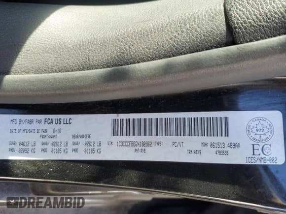 2016 Chrysler 200 Touring with VIN 1C3CCCFB6GN192962, listed as a Copart auction lot 81382055 with 229,320 mi miles and Clean title. Bid and sale history available at DreamBid. Image 12.
