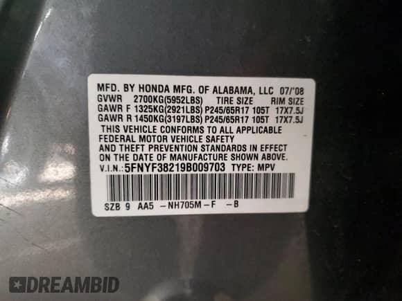 2009 Honda Pilot LX with VIN 5FNYF38219B009703, listed as a Copart auction lot 86054625 with 215,143 mi miles and Clean title. Bid and sale history available at DreamBid. Image 13.