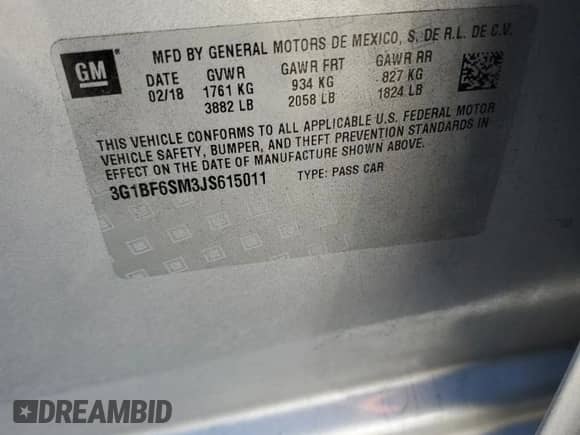 2018 Chevrolet Cruze Premier с VIN 3G1BF6SM3JS615011, выставлен на аукционе Copart как лот 86972635 с пробегом 115 684 миль миль и Списание • Salvage title. История ставок и продаж доступна на DreamBid. Изображение 12.