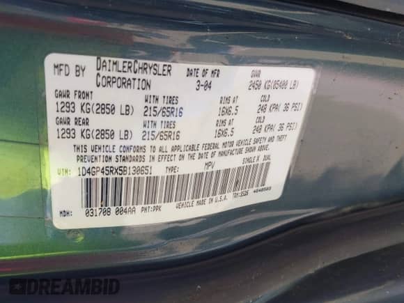2005 Dodge Caravan SXT with VIN 1D4GP45RX5B130651, listed as a IAAI auction lot 43192721 with 196,629 mi miles and . Bid and sale history available at DreamBid. Image 9.