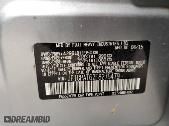 2015 Subaru Impreza Special Sports Premium with VIN JF1GPAT62F8275479, listed as a Copart auction lot 81140385 with 126,080 mi miles and Non repairable. Bid and sale history available at DreamBid. Image 12.