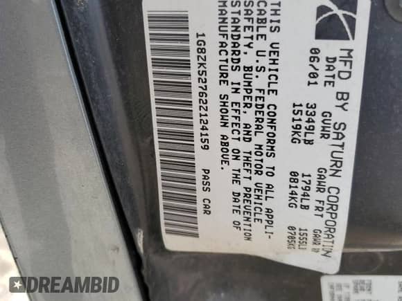 2002 Saturn SL с VIN 1G8ZK52762Z124159, выставлен на аукционе Copart как лот 70361145 с пробегом Не указан миль и Чистый • Clean title. История ставок и продаж доступна на DreamBid. Изображение 12.