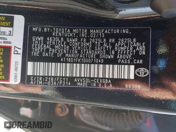 2013 Toyota Camry LE z VIN 4T1BD1FK1DU071049, wystawiony jako IAAI lot #42832003 z przebiegiem 156 477 mil mil oraz . Historia ofert i sprzedaży dostępna na DreamBid. Obrazek 9.