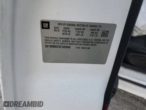 2012 Chevrolet Impala Police Police with VIN 2G1WD5E37C1323042, listed as a Copart auction lot 87278824 with Not provided miles and Salvage title. Bid and sale history available at DreamBid. Image 12.