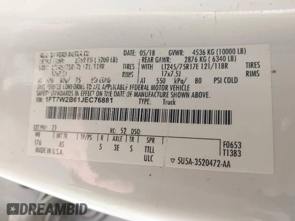 2018 Ford F-250 XL с VIN 1FT7W2B61JEC76881, выставлен на аукционе IAAI как лот 41909429 с пробегом 139 316 миль миль и . История ставок и продаж доступна на DreamBid. Изображение 9.