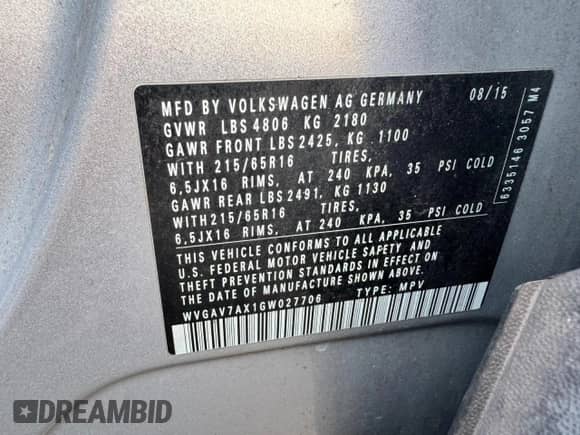 2016 Volkswagen Tiguan S с VIN WVGAV7AX1GW027706, выставлен на аукционе Copart как лот 90203165 с пробегом 184 159 миль миль и Чистый • Clean title. История ставок и продаж доступна на DreamBid. Изображение 10.