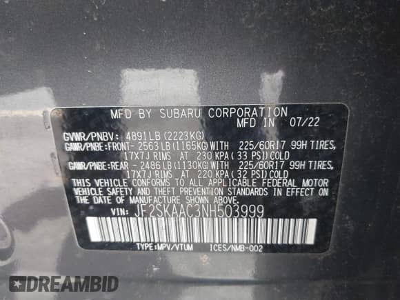 2022 Subaru Forester z VIN JF2SKAAC3NH503999, wystawiony jako IAAI lot #42373622 z przebiegiem 18 430 mil mil oraz . Historia ofert i sprzedaży dostępna na DreamBid. Obrazek 9.