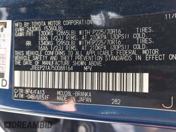 2005 Toyota Highlander с VIN JTEEP21A750088164, выставлен на аукционе IAAI как лот 43147026 с пробегом 202 286 миль миль и . История ставок и продаж доступна на DreamBid. Изображение 9.
