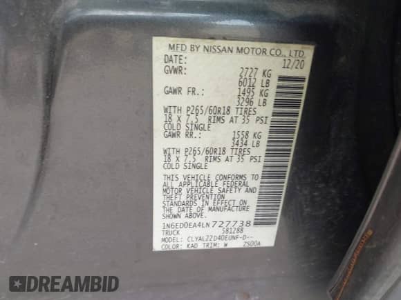 2020 Nissan Frontier SV with VIN 1N6ED0EA4LN727738, listed as a IAAI auction lot 43527003 with 94,663 mi miles and . Bid and sale history available at DreamBid. Image 9.