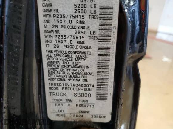 1997 Nissan Frontier XE с VIN 1N6SD16Y7VC400074, выставлен на аукционе Copart как лот 54062815 с пробегом 150 498 миль миль и Списание • Salvage title. История ставок и продаж доступна на DreamBid. Изображение 12.