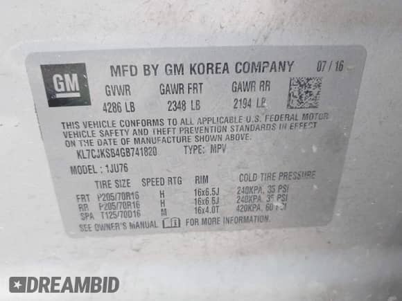 2016 Chevrolet Trax LS with VIN KL7CJKSB4GB741820, listed as a IAAI auction lot 42681991 with 160,796 mi miles and . Bid and sale history available at DreamBid. Image 9.