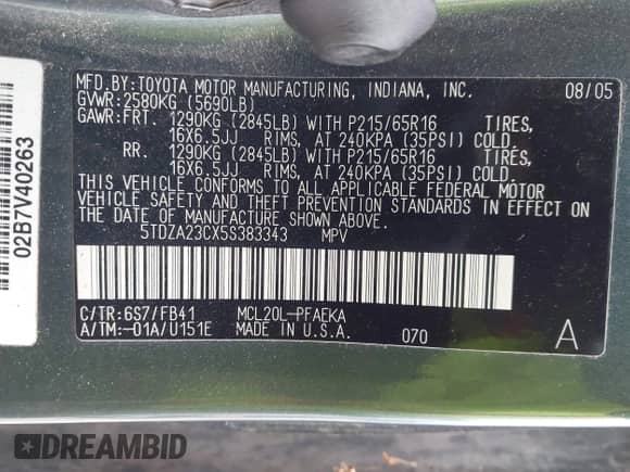 2005 Toyota Sienna CE с VIN 5TDZA23CX5S383343, выставлен на аукционе IAAI как лот 43448541 с пробегом 191 288 миль миль и . История ставок и продаж доступна на DreamBid. Изображение 9.