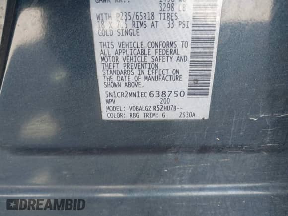 2014 Nissan Pathfinder Platinum Hybrid with VIN 5N1CR2MN1EC638750, listed as a IAAI auction lot 41719792 with 206,286 mi miles and . Bid and sale history available at DreamBid. Image 9.