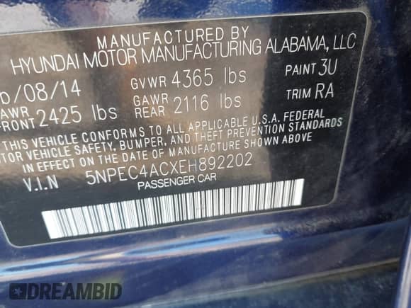 2014 Hyundai Sonata SE with VIN 5NPEC4ACXEH892202, listed as a IAAI auction lot 43423388 with 154,431 mi miles and . Bid and sale history available at DreamBid. Image 9.