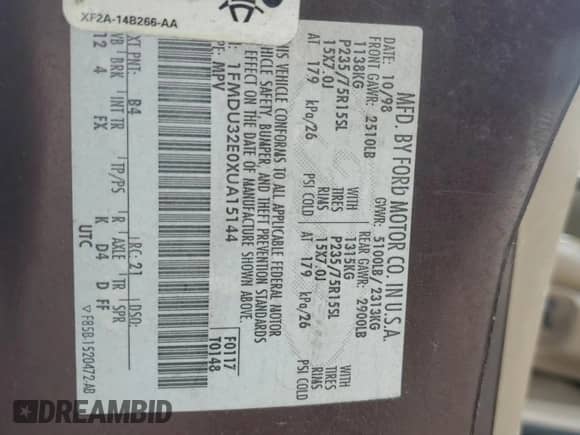 1999 Ford Explorer XL с VIN 1FMDU32E0XUA15144, выставлен на аукционе Copart как лот 81470355 с пробегом 174 167 миль миль и Списание • Salvage title. История ставок и продаж доступна на DreamBid. Изображение 12.