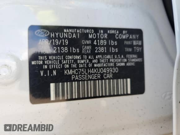 2019 Hyundai Ioniq с VIN KMHC75LH4KU049930, выставлен на аукционе Copart как лот 88224275 с пробегом 38 940 миль миль и Списание • Salvage title. История ставок и продаж доступна на DreamBid. Изображение 12.